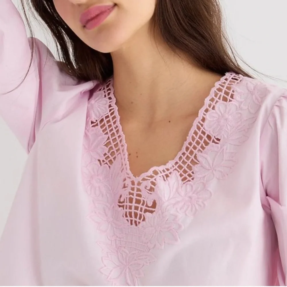 J. Crew Light Pink Lace-Trim V-Neck Blouse